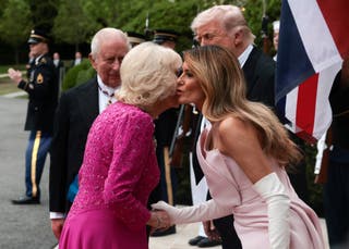 First lady Melania Trump greets Queen Camilla at the White House